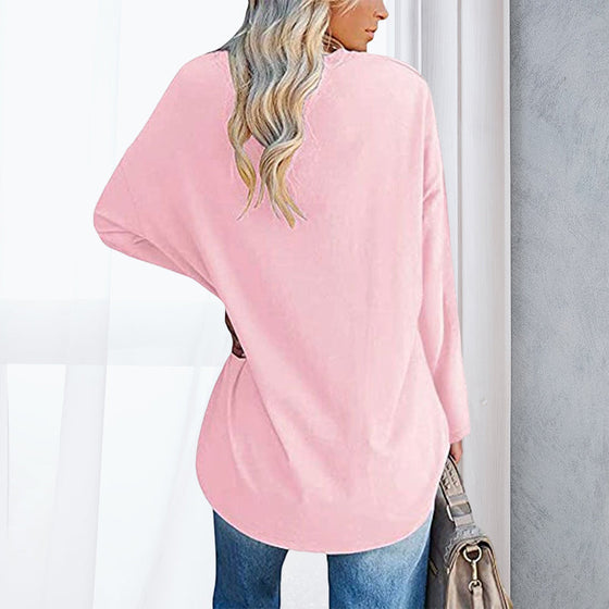 Damen Lockeres langärmeliges modisches V-Ausschnitt T-Shirt