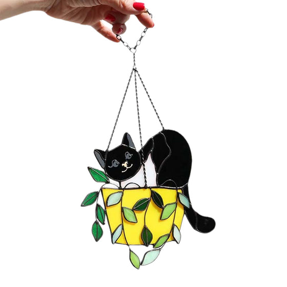 Katze im Blumentopf Suncatcher Buntglasfensterhänger