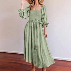 French Ruffled Lantern Sleeves Multi-wear Dress Green