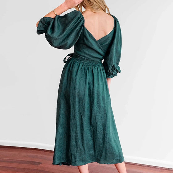 French Ruffled Lantern Sleeves Multi-wear Dress Green